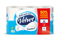 Velvet Comfort Toilet Rolls 50% Longer Lasting