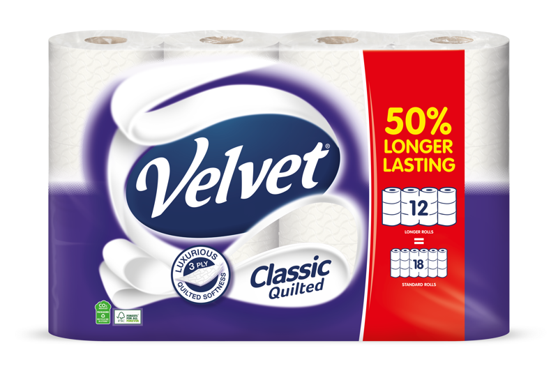 Velvet 50% Longer Lasting Rolls Classic Quilted 12 Rolls = 18 Rolls