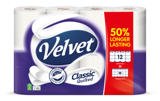 Velvet 50% Longer Rolls classic quilted 12 Rolls = 18 Rolls